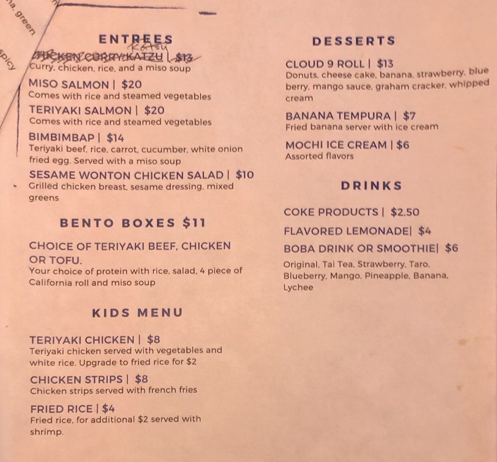 Blue Fin Sushi menu - entrees, bento, kids, dessert, drinks