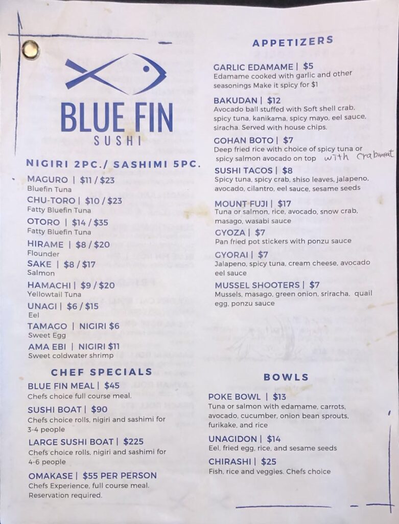 Blue Fin Sushi menu - nigiri, sashimi, appetizers, bowls