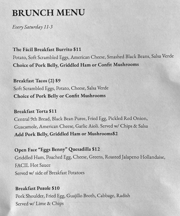 Facil Taqueria brunch menu - page one