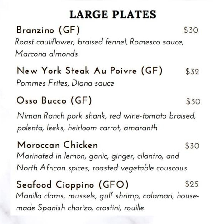 Fenice menu - large plates