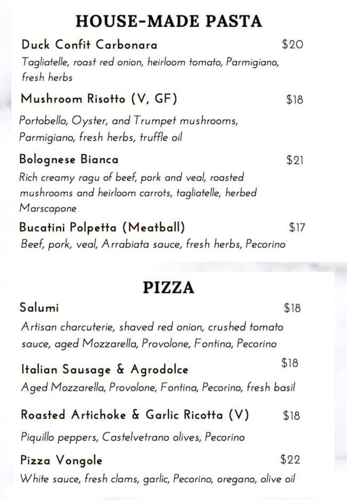 Fenice menu - pasta, pizza