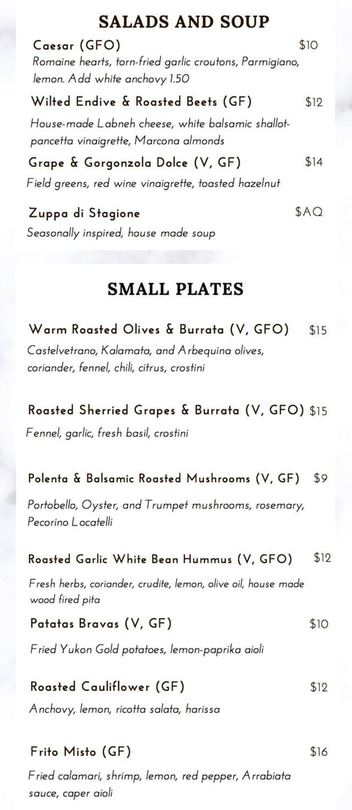 Fenice menu - salads, soup, small plates