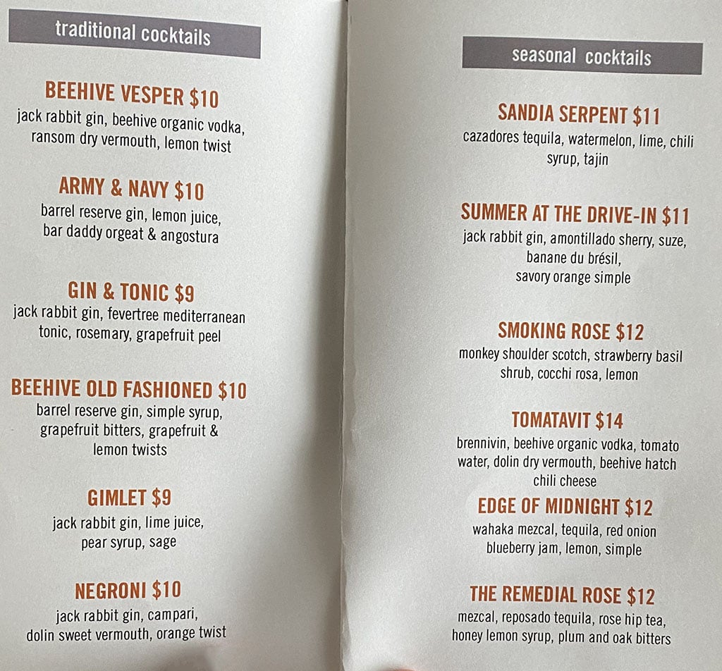 Beehive Distilling bar menu - cocktails
