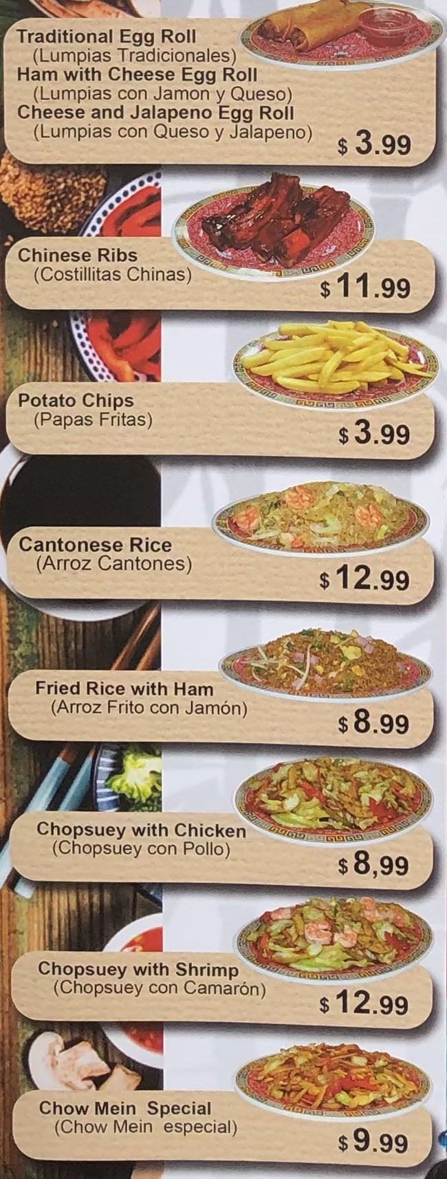 Changs Food menu - page one