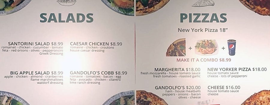 Gandolfo's menu - salads, pizza