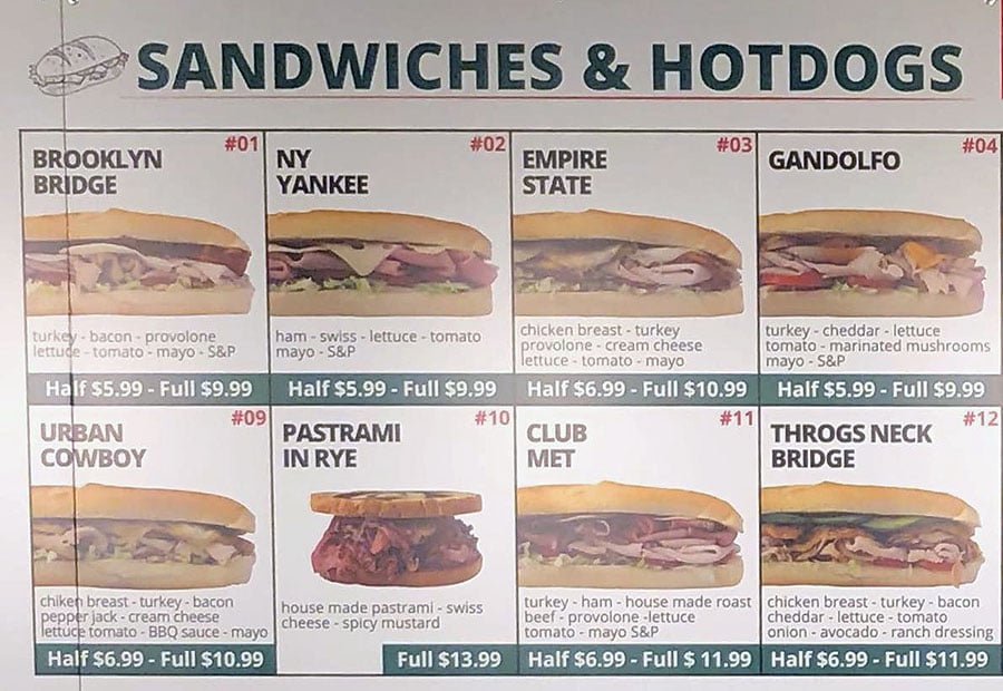 Gandolfo's menu - sandiwches and hot dogs