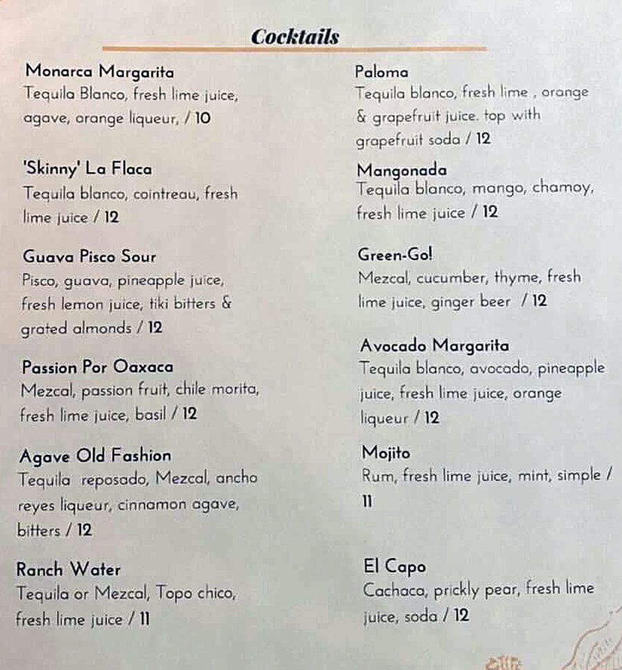 Monarca menu - cocktails