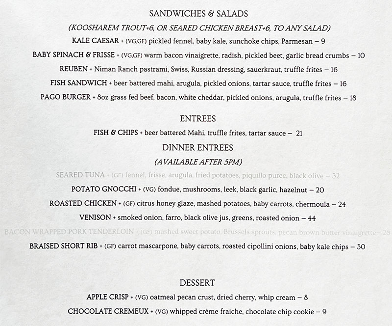 Pago On Main menu - sandwiches, salads, entrees, dessert