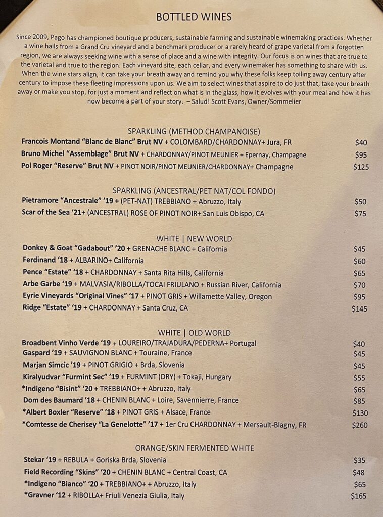 Pago On Main menu - sparkling wine, white wine