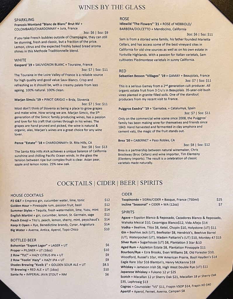 The following Pago On Main menu - wine by the glass, beer, cider