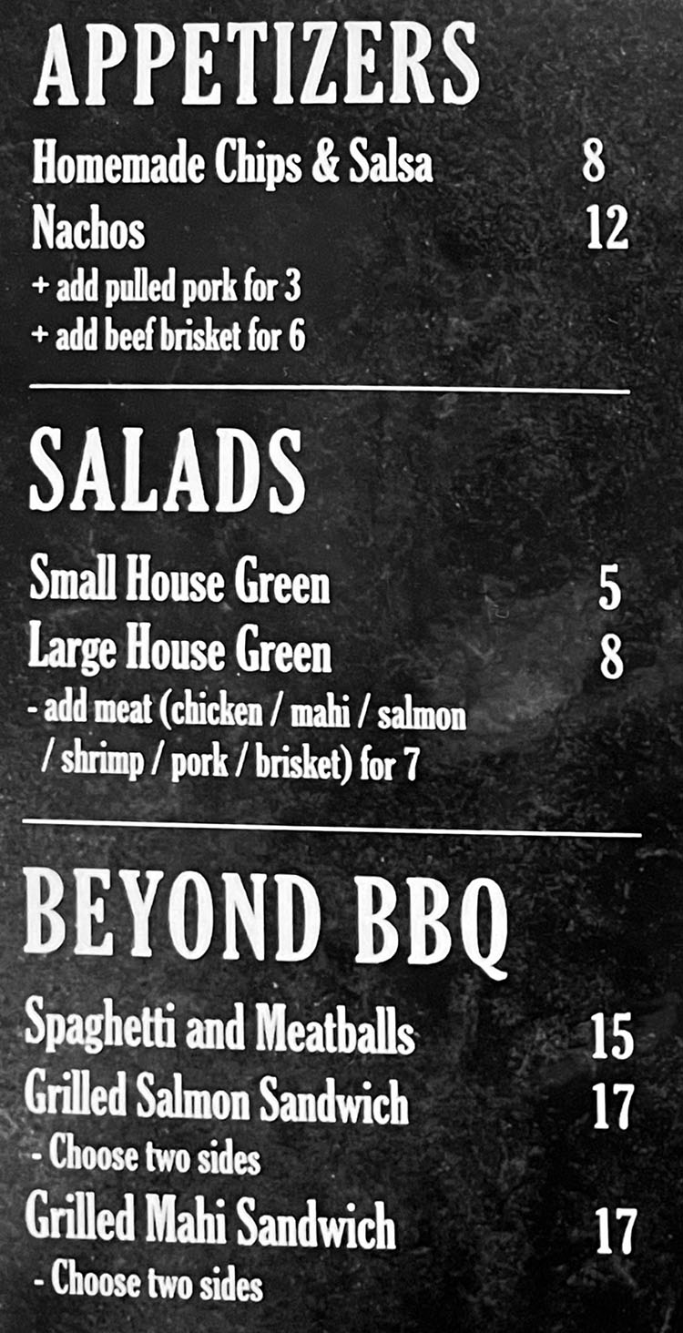 Lush's Tennessee BBQ menu - appetizers, salad, beyond BBQ