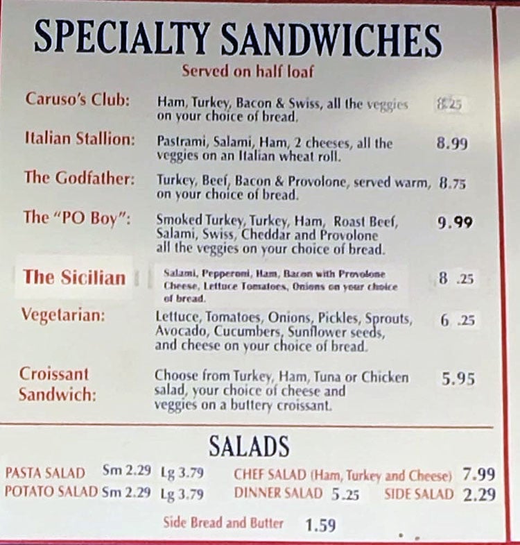 Caruso's Deli menu - specialty sandwiches, salads