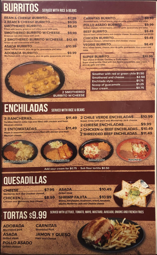 La Hacienda menu - burritos, enchiladas, quesadillas, tortas