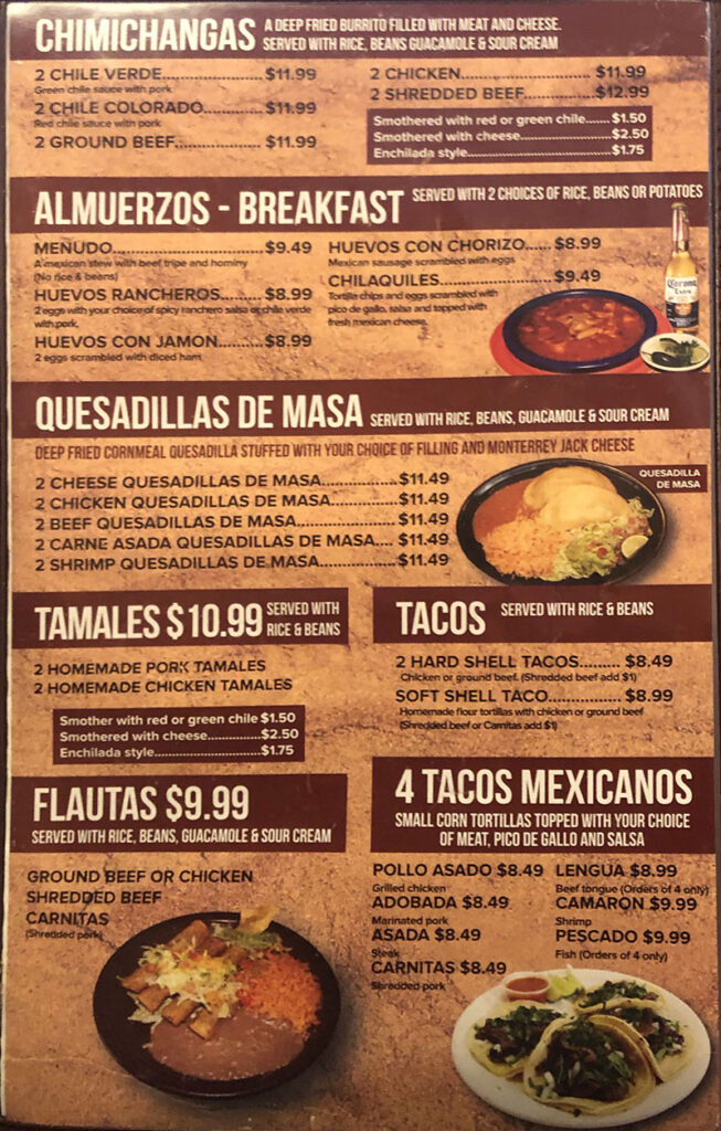 La Hacienda menu - chimichangas, breakfast, tamales, tacos, flautas