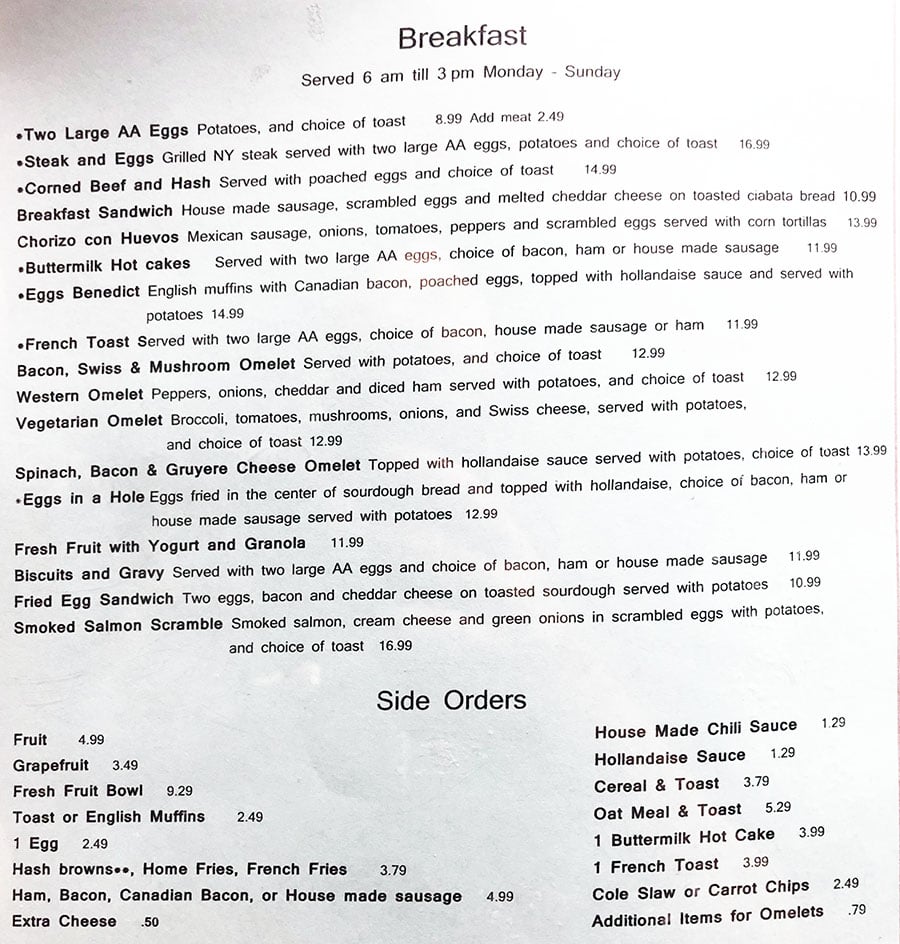 Left fork Grill menu - breakfast