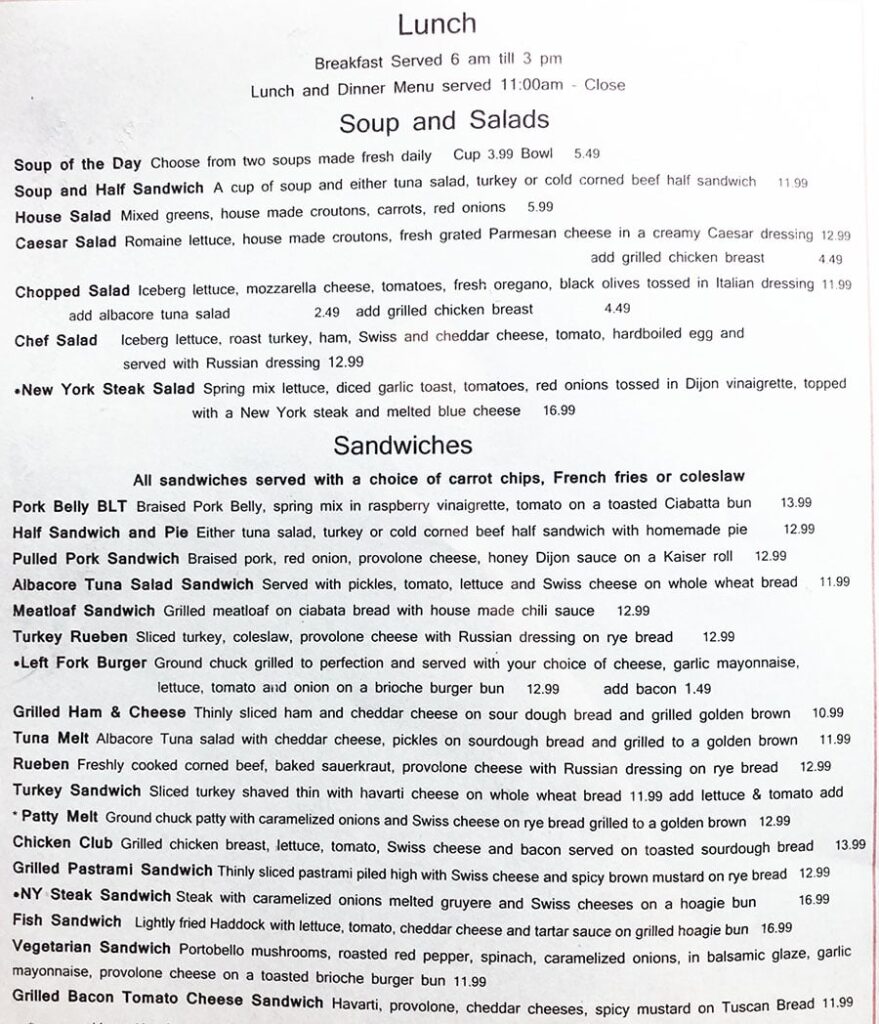 Left fork Grill menu - lunch and dinner