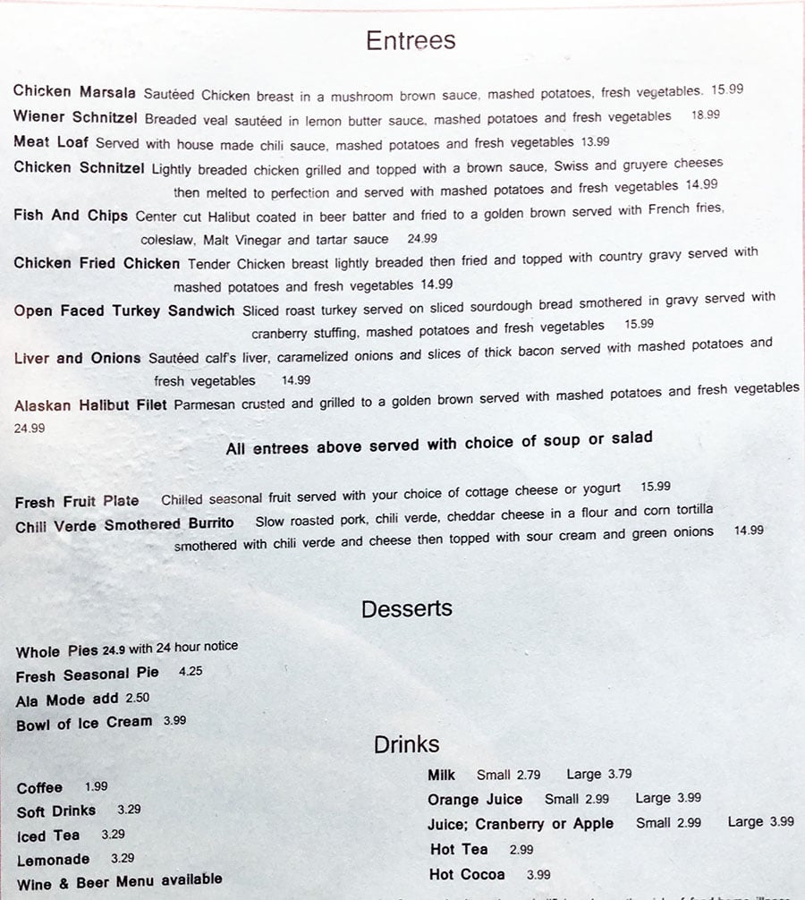 Left fork Grill menu - lunch and dinner entrees
