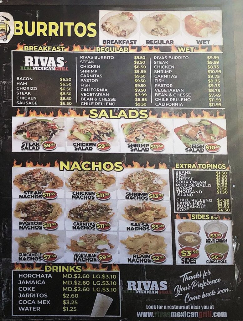 Rivas Real Mexican Grill menu - burritos, salads, nachos, drinks