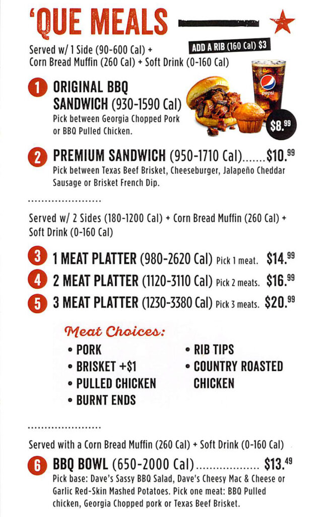 Famous Dave's menu - meals