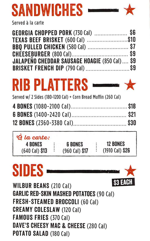 Famous Dave's menu - sandwiches, platters. sides