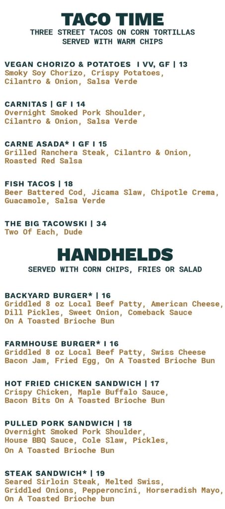 Flanker Kitchen August 2022 menu - tacos, sandwiches