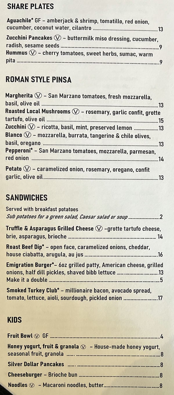 Emigration Cafe brunch menu - page one