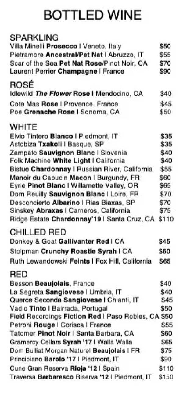 Emigration Cafe menu - bottled wine