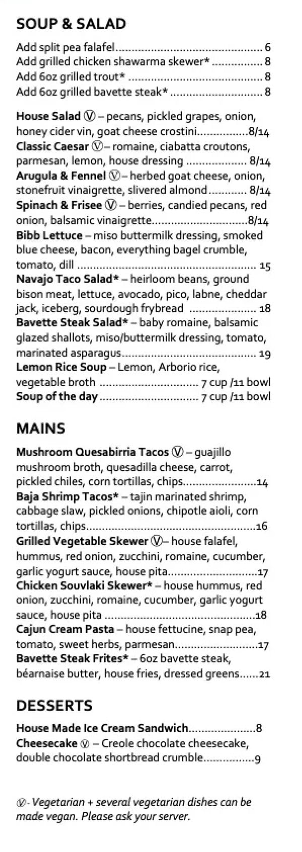 Emigration Cafe menu - soup, salad, mains