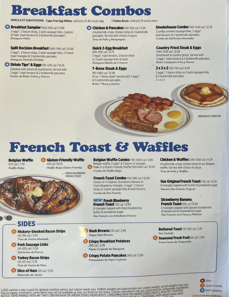 IHOP Salt Lake City menu   - breakfast combos, French toast, waffles