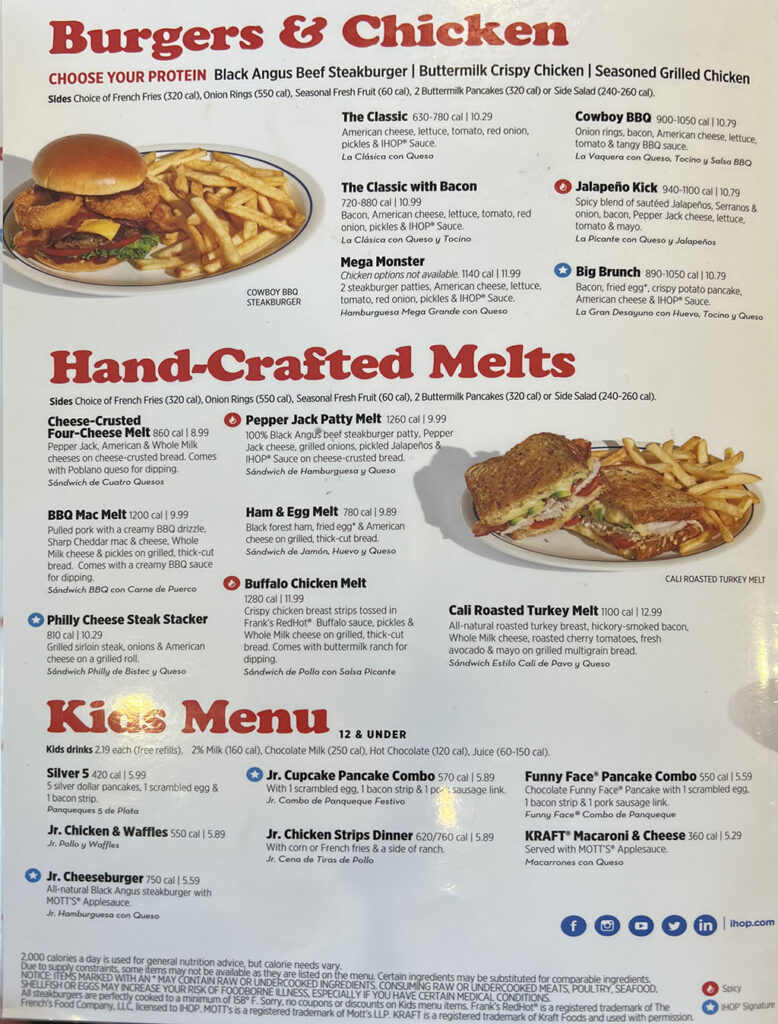 IHOP Salt Lake City menu  - burgers, chicken, melts, kids