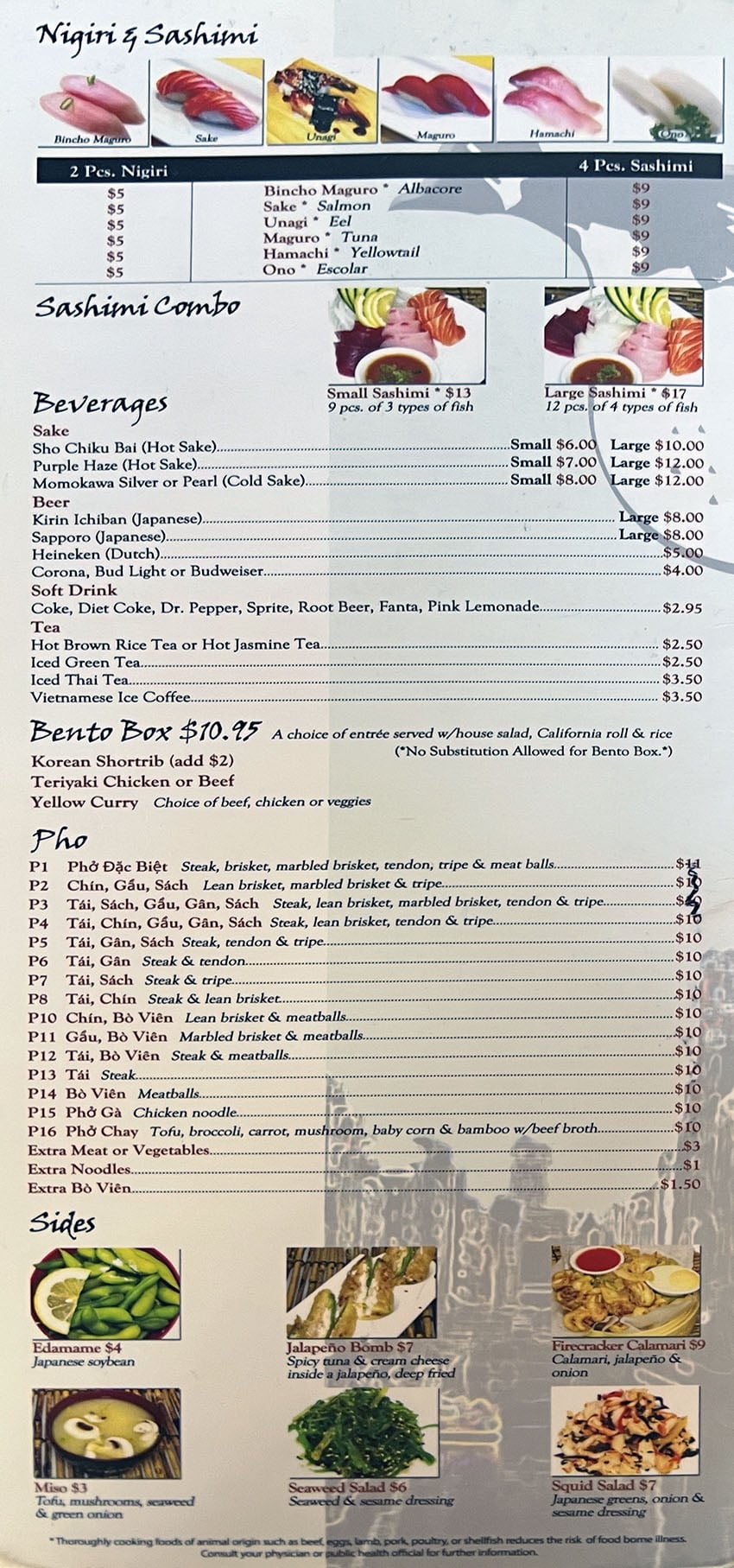 Fat Fish menu - nigiri, sashimi, pho, bento box, sides, beverages