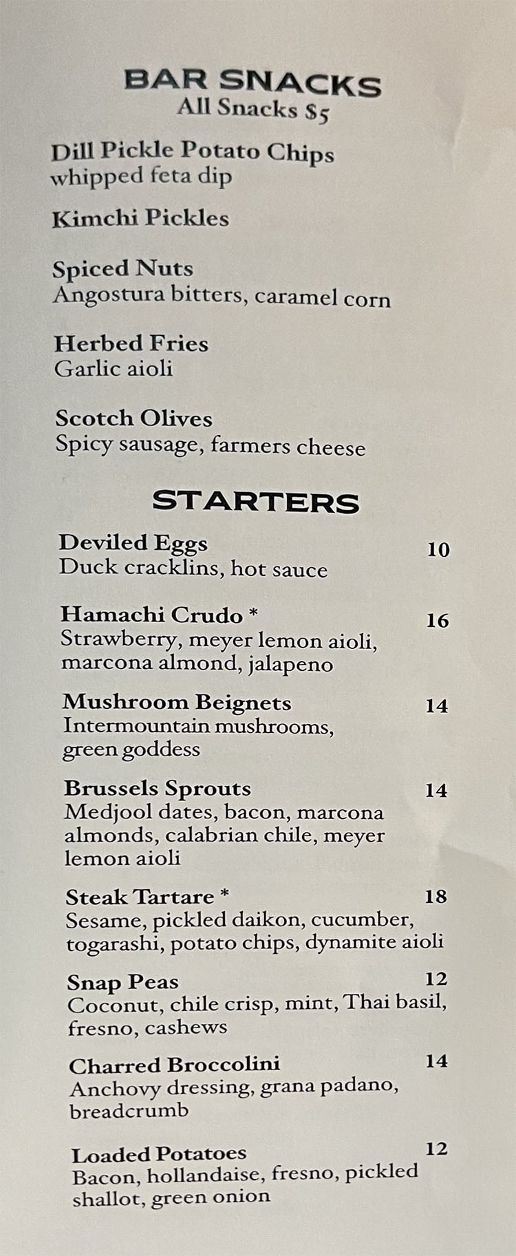 Franklin Ave Cocktail & Kitchen menu - bar snacks, starters