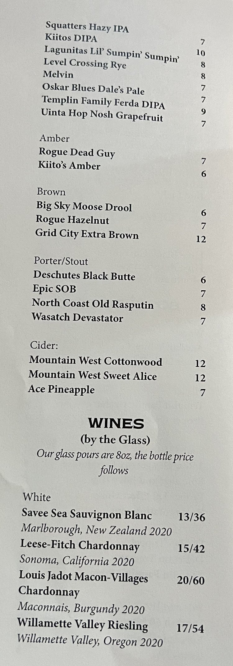 Franklin Ave Cocktail & Kitchen menu - bottled beers, wine by glass