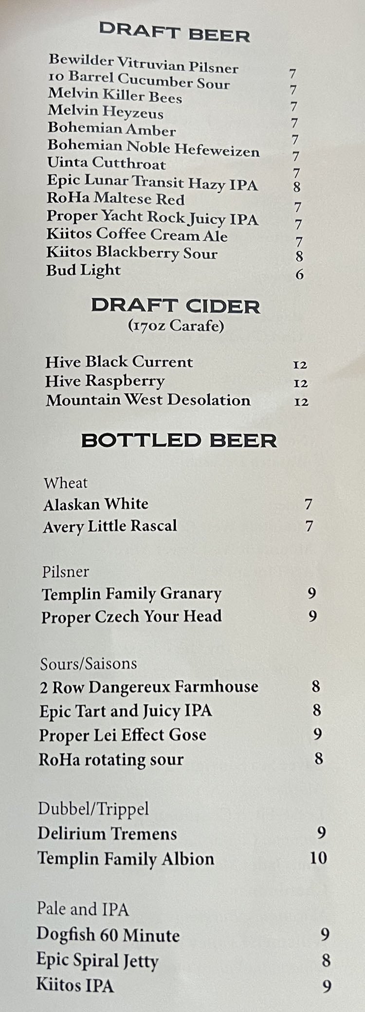 Franklin Ave Cocktail & Kitchen menu - draft beer, cider, bottled beer