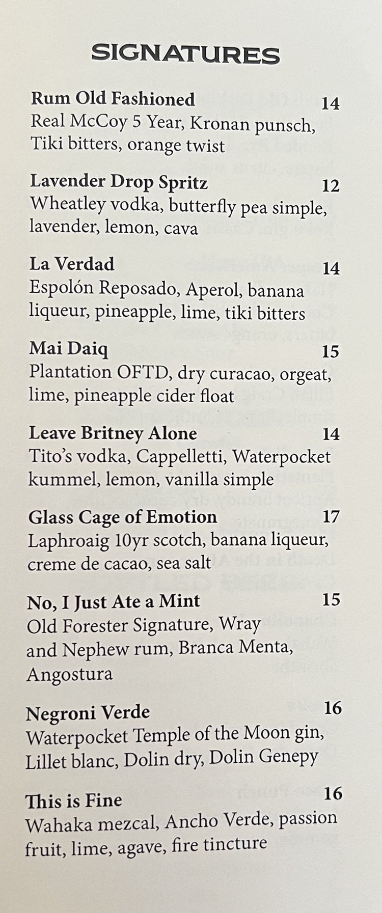 Franklin Ave Cocktail & Kitchen menu - signature cocktails