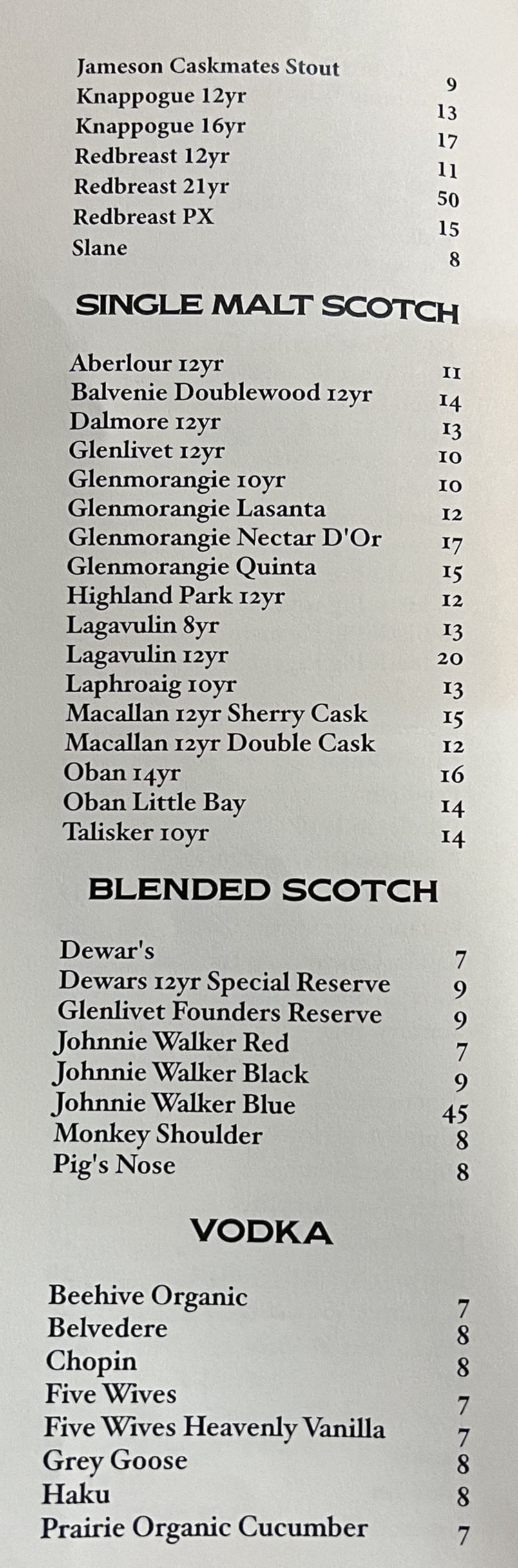 Franklin Ave Cocktail & Kitchen menu - whiskey, scotch, vodka