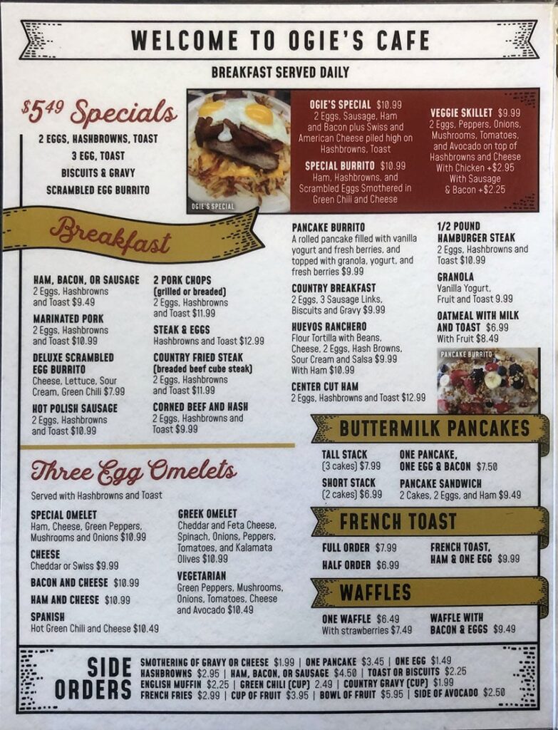 Ogie's Cafe menu - all day breakfast