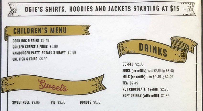 Ogie's Cafe menu - kids, desserts, drinks