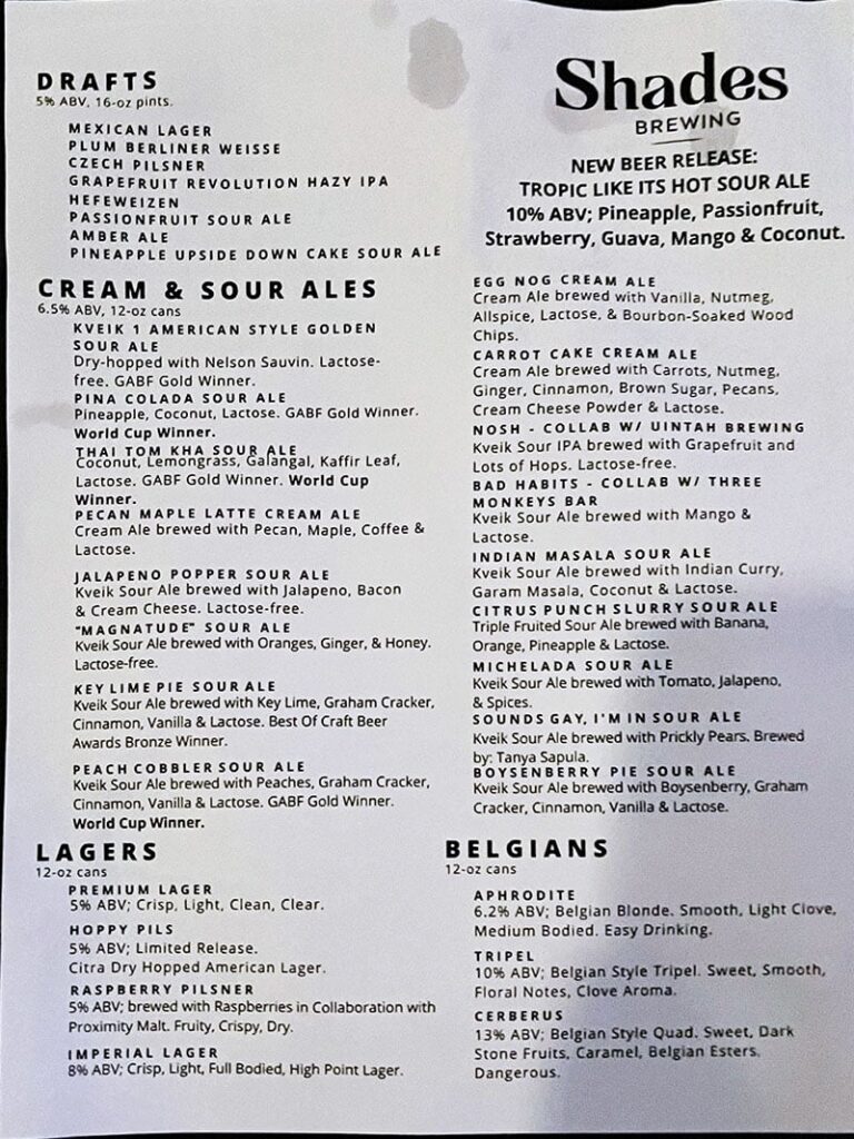 Shades Brewing downtown SLC menu - draft, cream, sour, lager, belgian