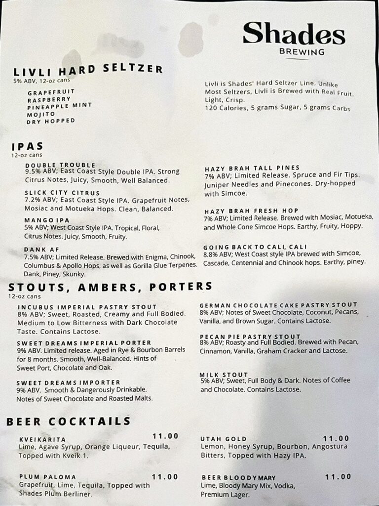 Shades Brewing downtown SLC menu - seltzer, IPA, stout, amber, porter, cocktails