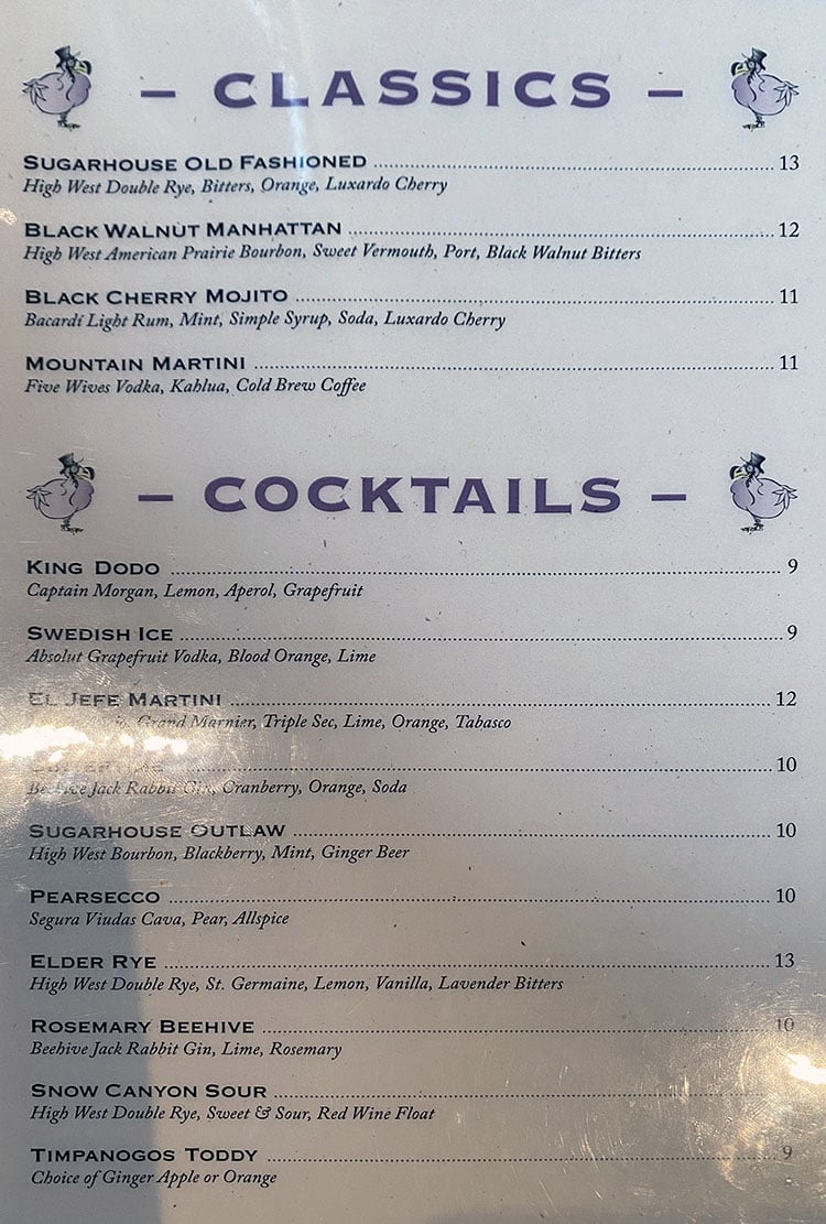 The Dodo menu - cocktails