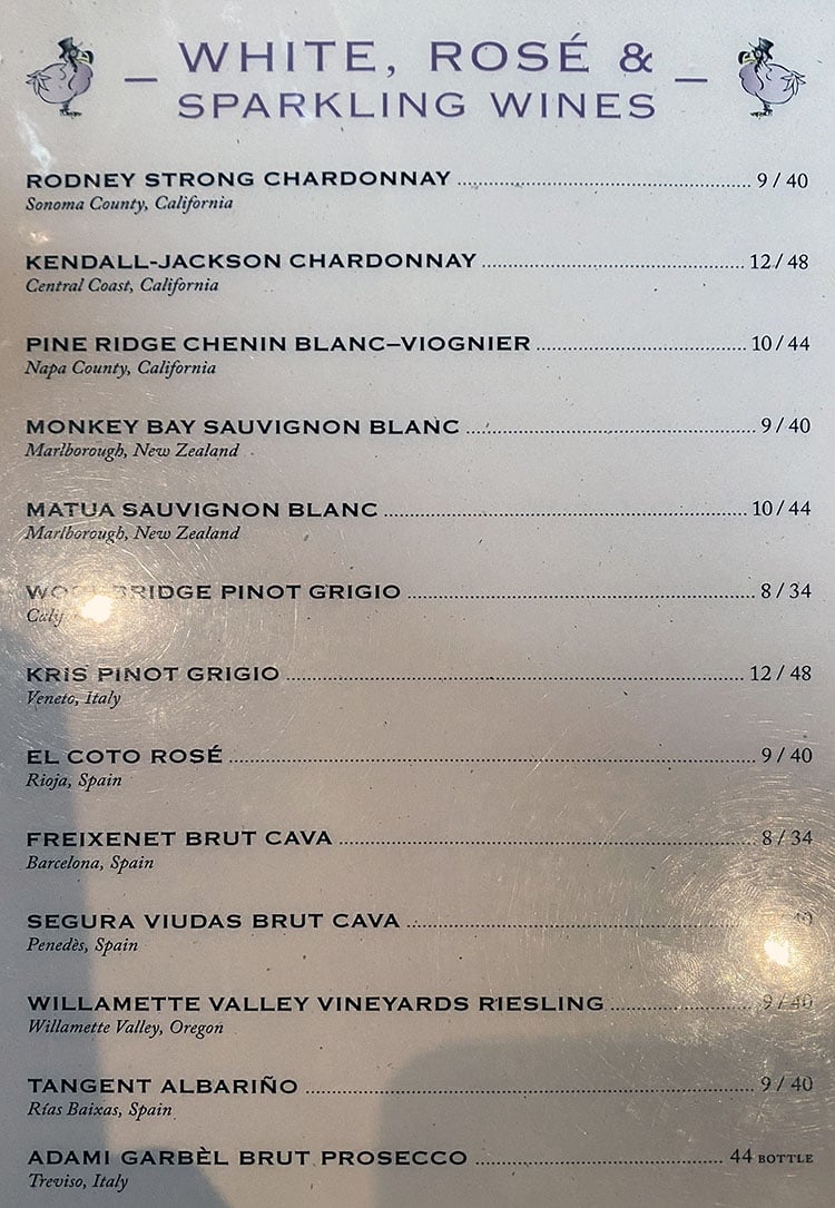 The Dodo menu - white, rose, sparkling wines