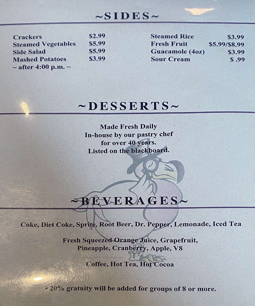 The Dodo lunch menu - sides, desserts, beverages