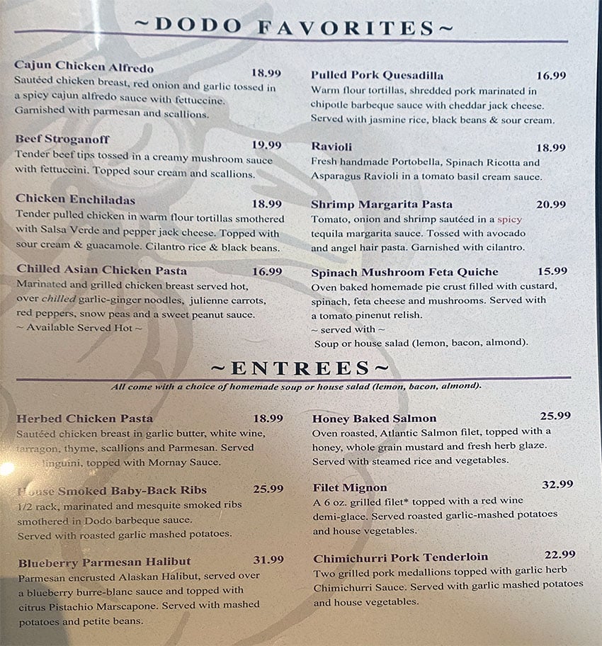 The Dodo dinner menu - favorites, entrees