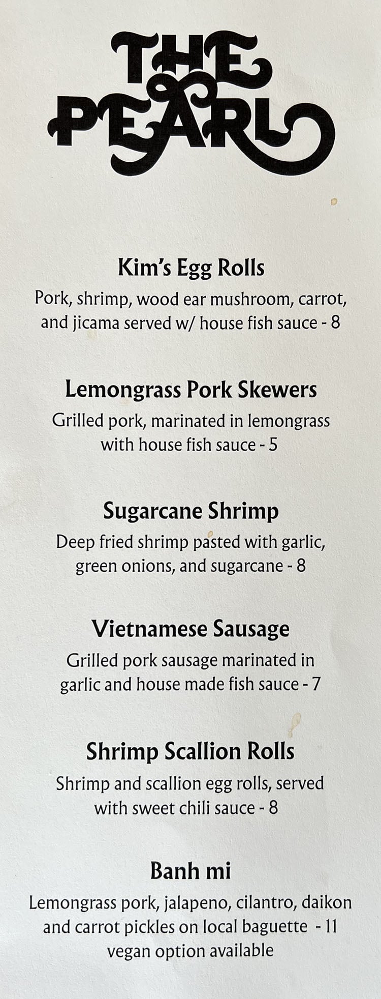 The Pearl menu - food page one