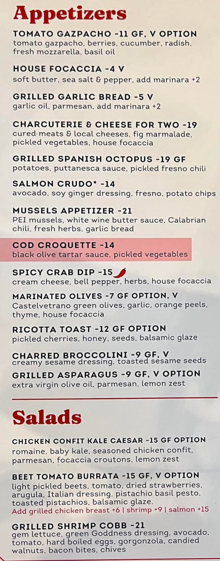Bartollo's Sugar House menu - appetizers, salads