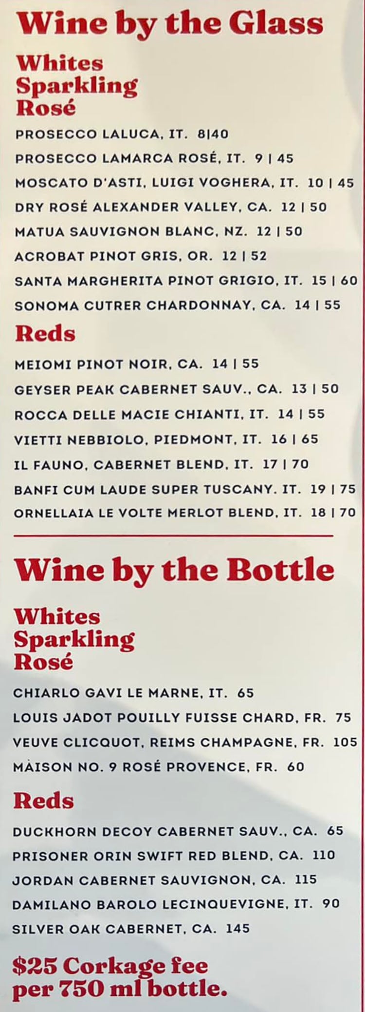 Bartolo's Sugar House menu - wines