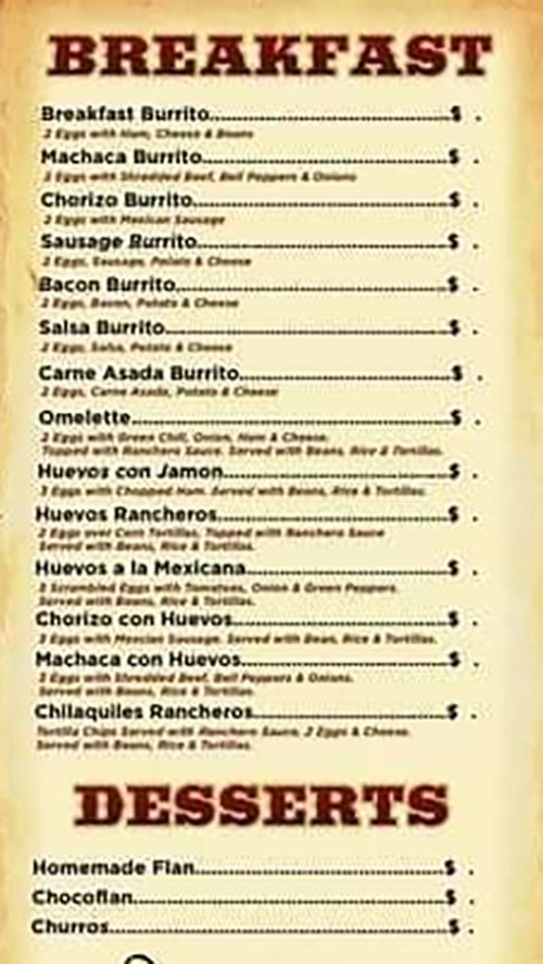 Jalapeños Authentic Mexican Food menu - breakfast, desserts