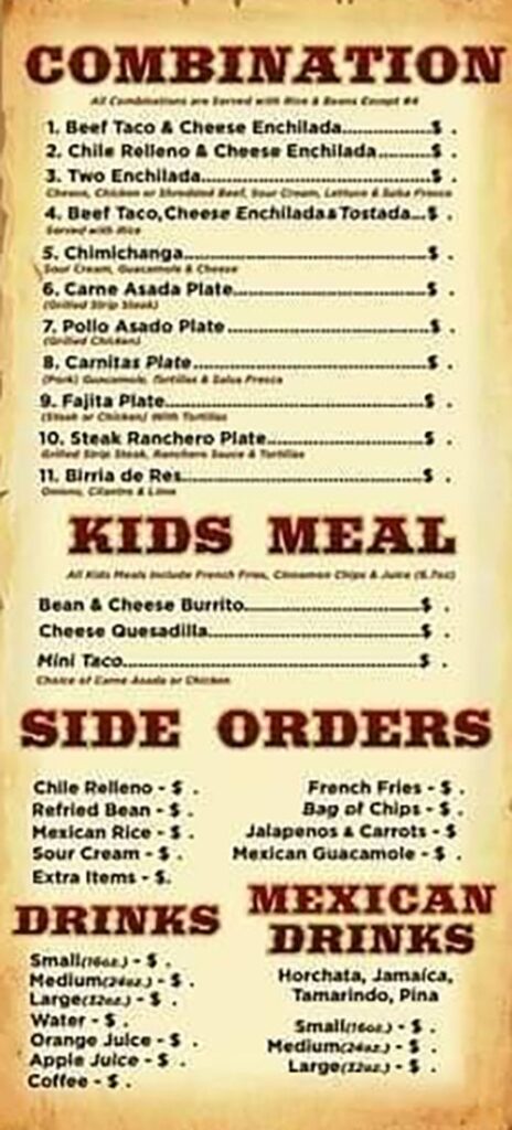 Jalapeños Authentic Mexican Food menu - combinations, kids, sides, drinks