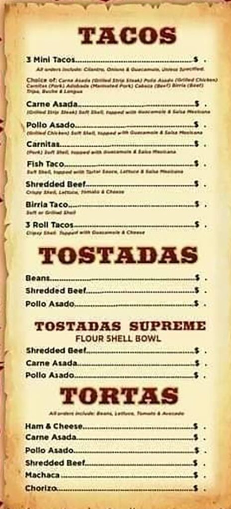 Jalapeños Authentic Mexican Food menu - tacos, tostadas, tortas